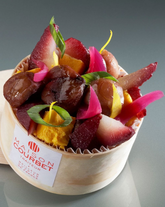 Boîte chaude de potimarron, marron et éclats de figues confites