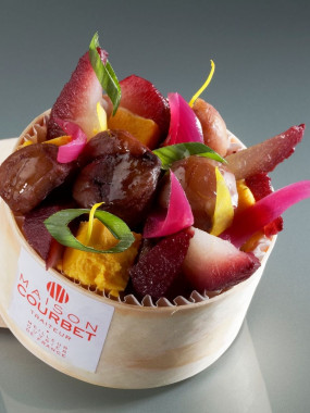 Boîte chaude de potimarron, marron et éclats de figues confites