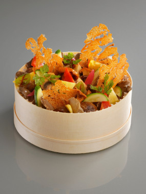 Polenta, caviar de panais, poêlée de champignons et marrons confits