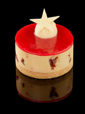 Cœur de foie gras griottes confites, miroir framboise griotte