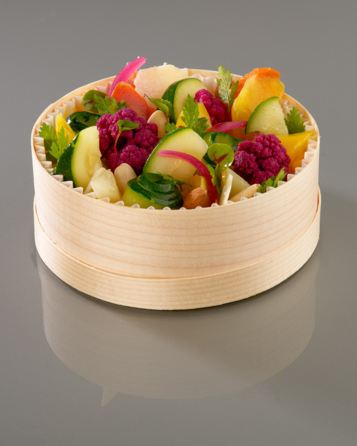 Risotto de céréales, mousseline de patates douces aux pickles et éclats de légumes