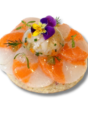 Rosace saumon et cabillaud sur son riz au lait de homard