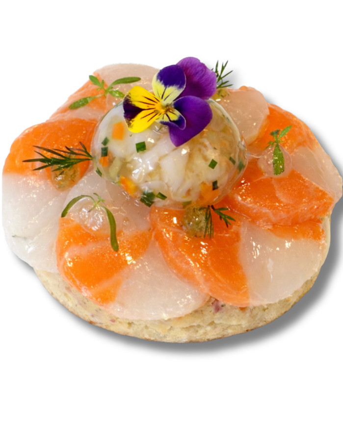 Rosace saumon et cabillaud sur son riz au lait de homard