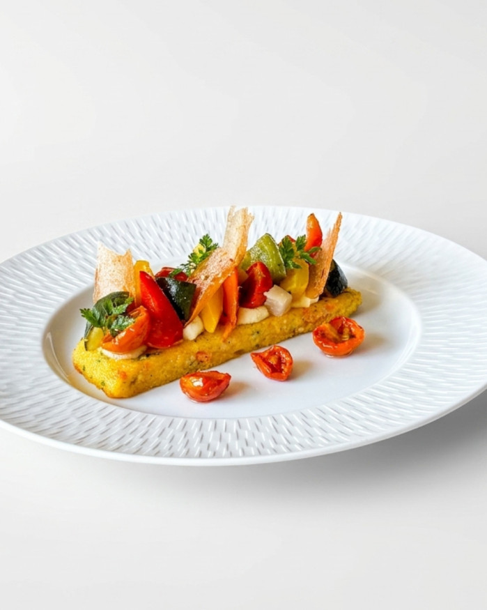 Finger de polenta croustillante et ses légumes glacés