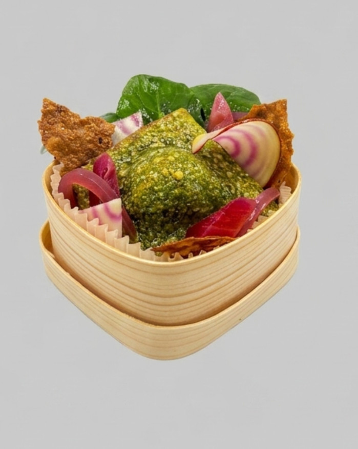 Raviole d'épinards sur sa caponata aux saveurs du soleil